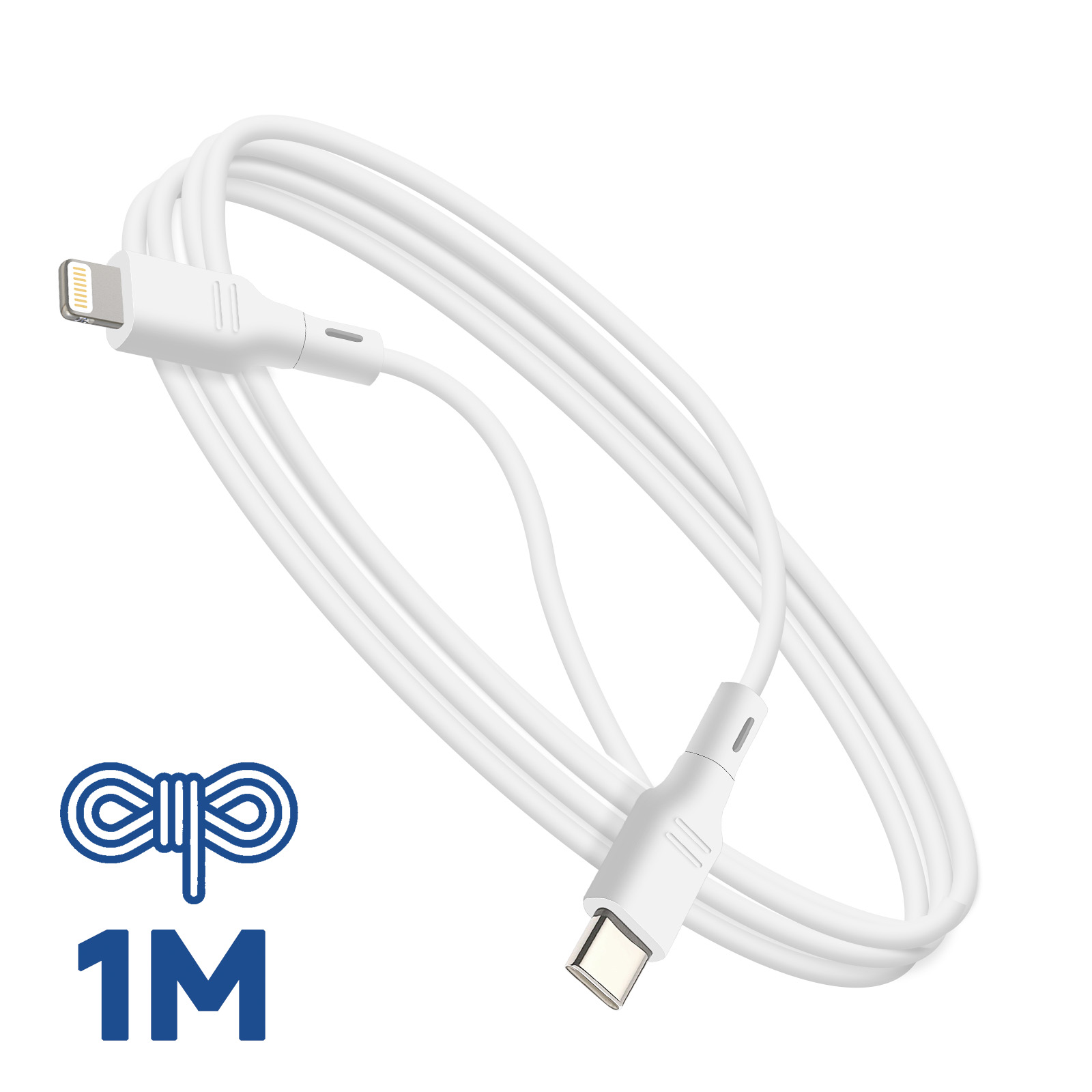 Cavo di ricarica bianco con connettori Lightning e USB-C, arrotolato. Il cavo è lungo 1 metro.