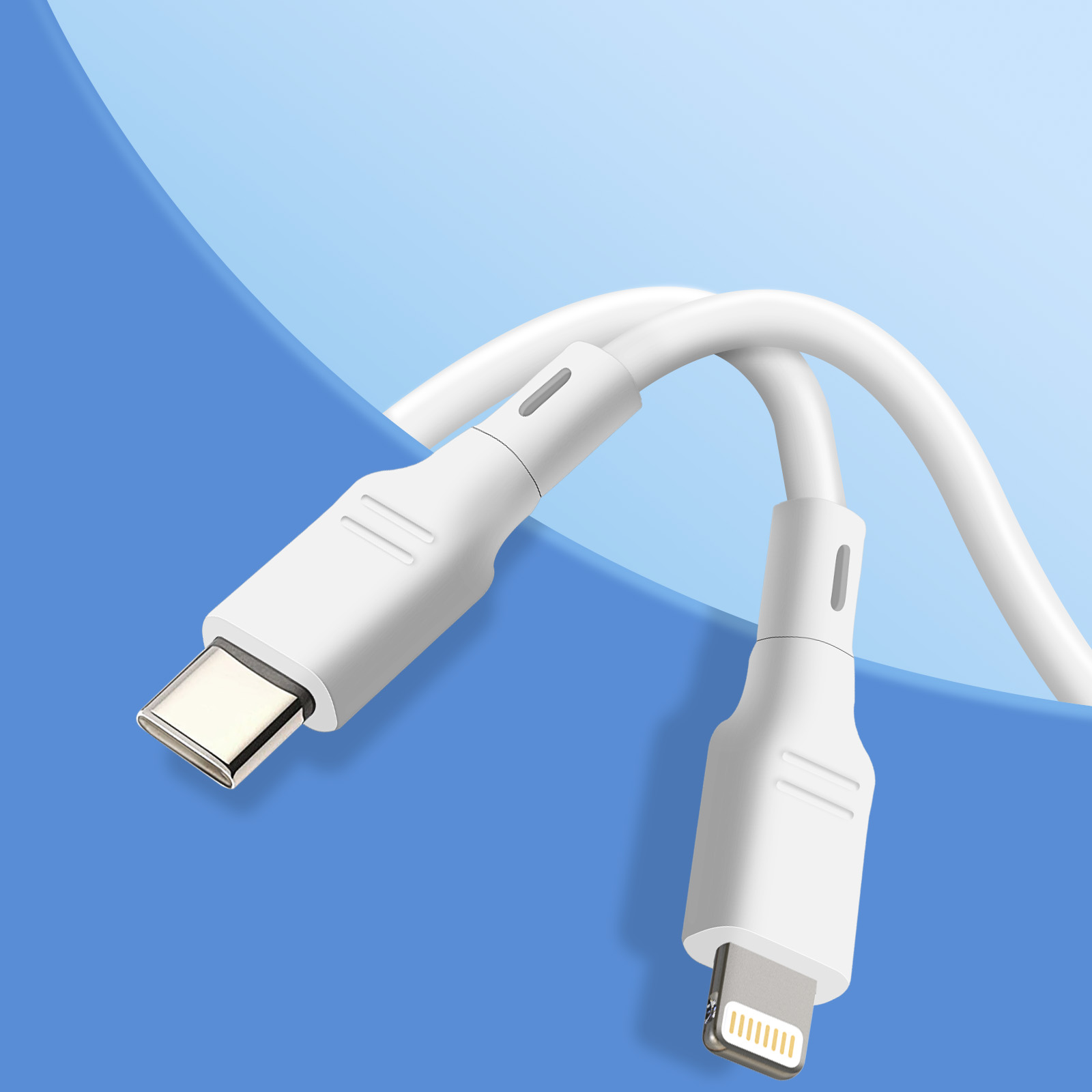 Cavo di ricarica bianco con connettori USB-C e Lightning, su sfondo blu sfumato.