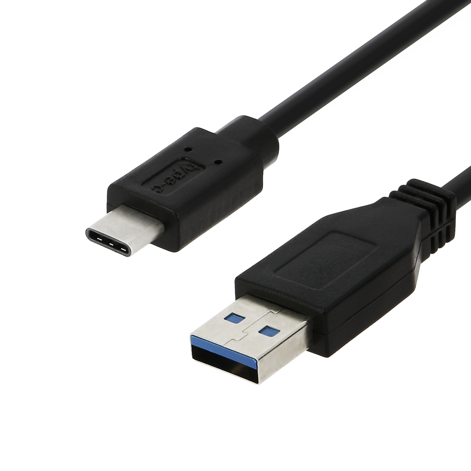 Un cavo USB nero con connettori USB-C e USB 3.0 su sfondo bianco. Il connettore USB-C è in alto.