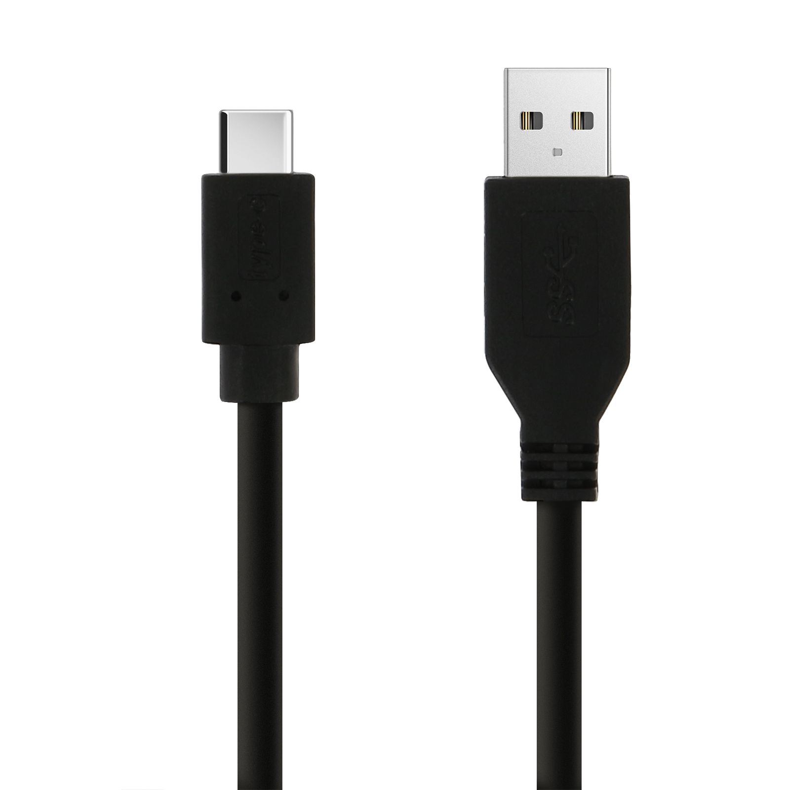 L'immagine mostra due cavi USB neri. Uno è di tipo C, l'altro è USB standard. Entrambi hanno connettori e cavi neri.