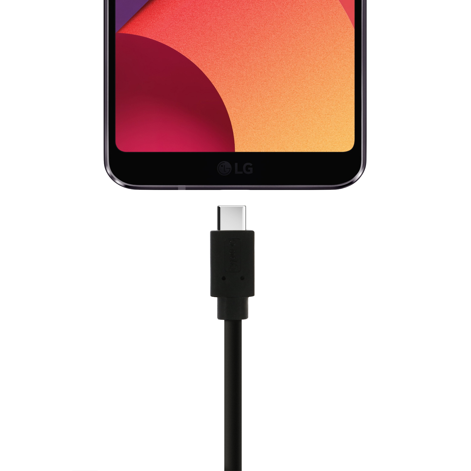 Telefono LG con schermo colorato, collegato a un cavo USB-C nero, su sfondo bianco.