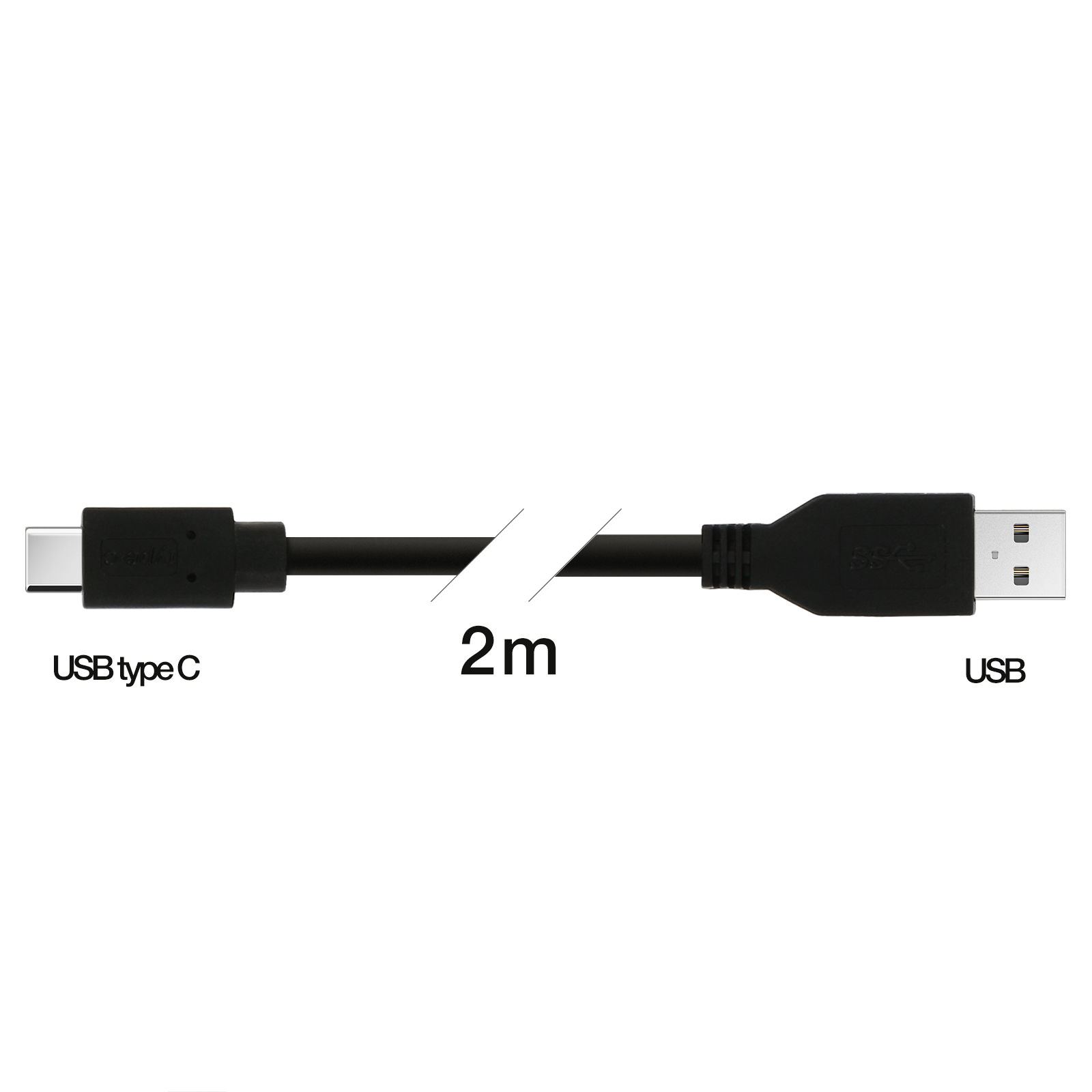 Un cavo da USB-C a USB nero, lungo 2 m, etichettato con 'USB type C' e 'USB'.