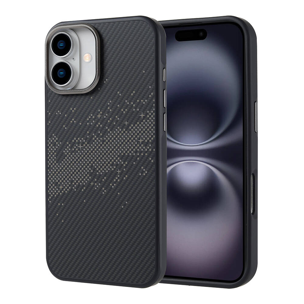 Dokulu desenli koyu gri bir telefon kılıfı, siyah bir telefonun yanında duruyor. Kılıfın kamera açıklığı ve yan düğmeleri var.