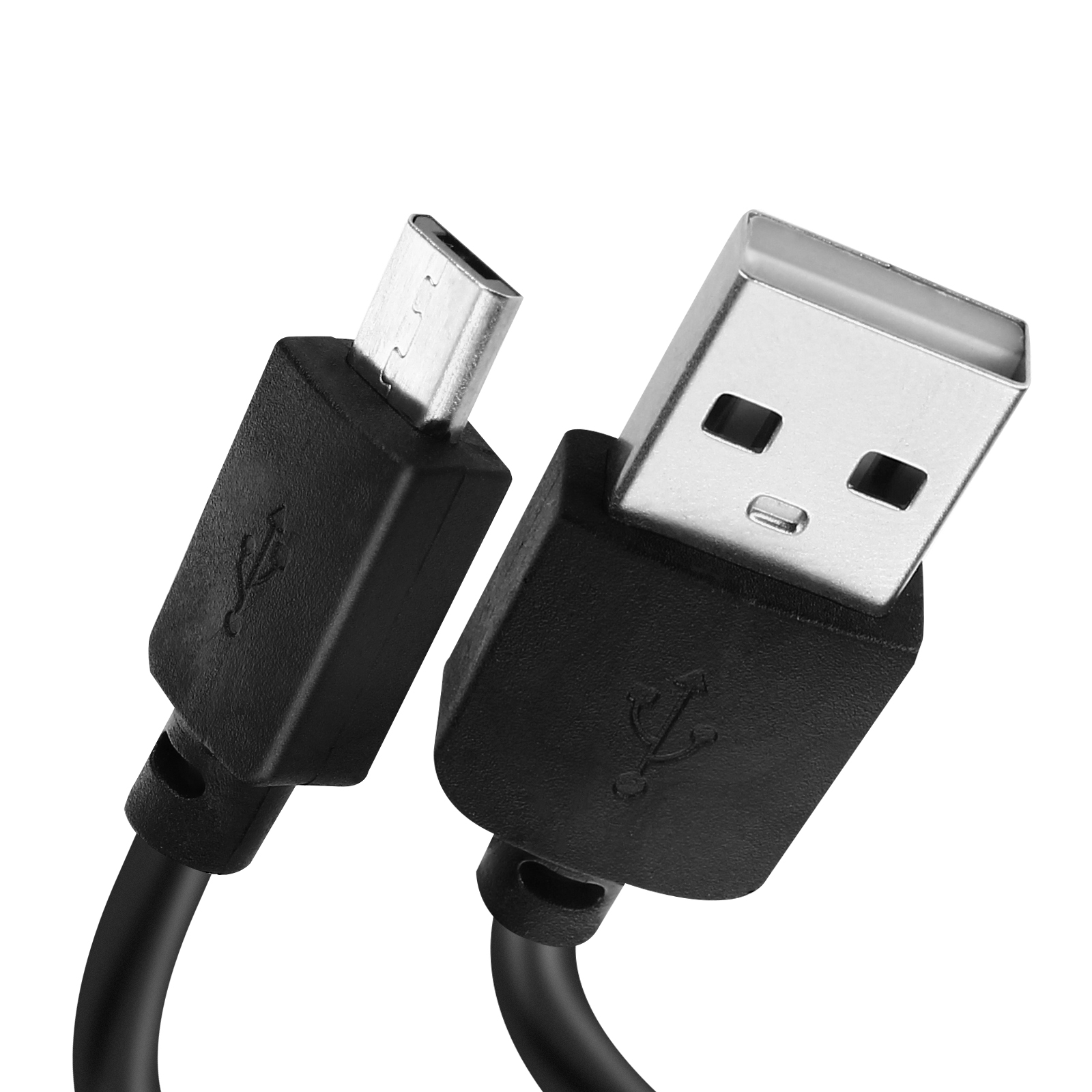 Due cavi USB neri su sfondo bianco. Uno è micro-USB, l'altro è USB standard. Entrambi hanno il logo USB.