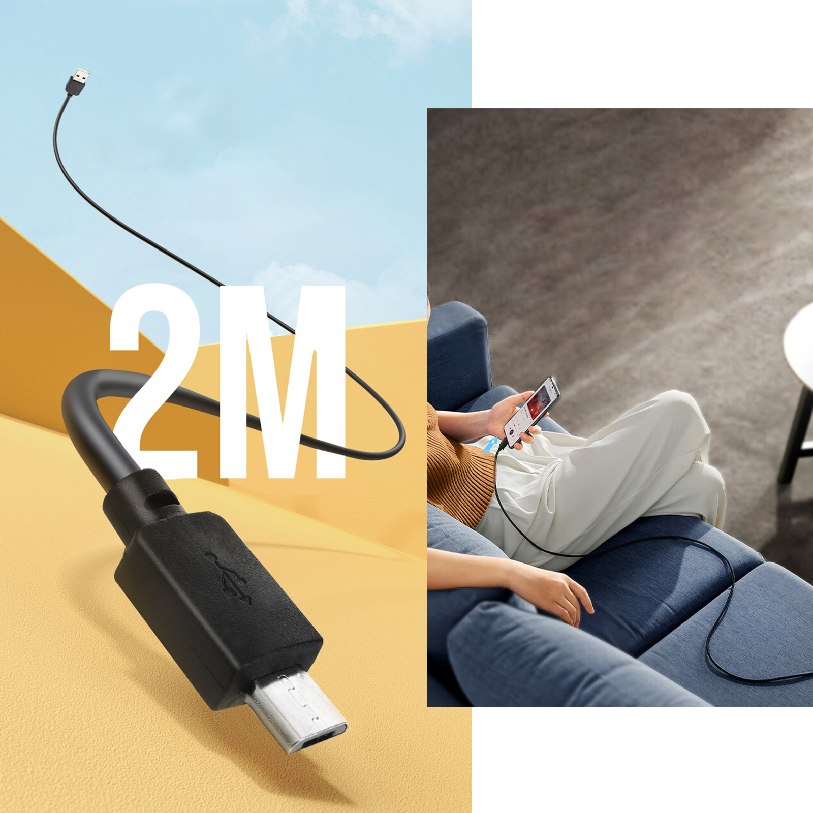 L'immagine mostra un cavo USB-C collegato a un telefono tenuto da una persona su un divano blu. Il cavo è etichettato '2M'.