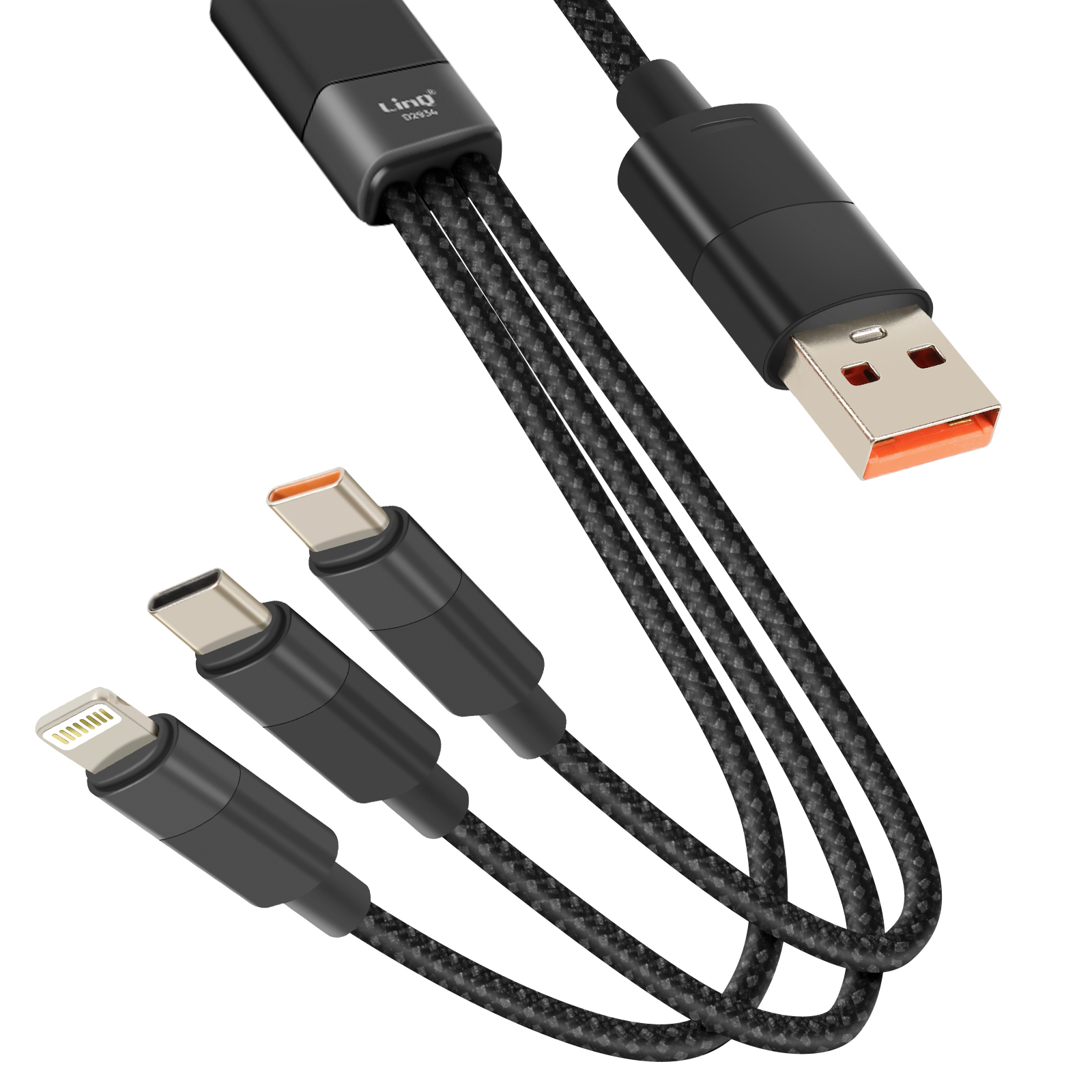 Schwarzes Ladekabel mit mehreren Anschlüssen: USB, USB-C und Lightning, vor weißem Hintergrund.
