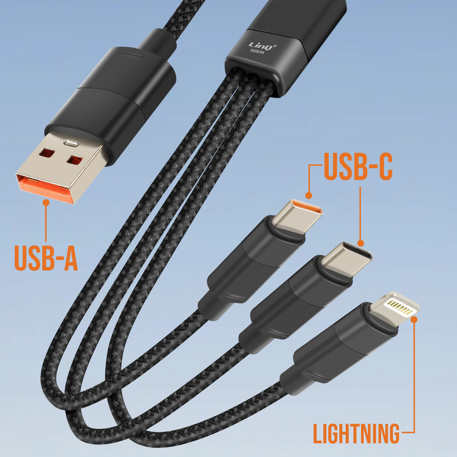Schwarzes Ladekabel mit USB-A-, USB-C- und Lightning-Anschlüssen. Das Kabel hat ein geflochtenes Design vor blauem Hintergrund.