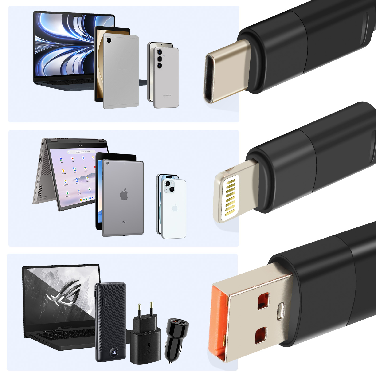 Ein Bild zeigt verschiedene technische Geräte wie Laptops, Tablets und Telefone mit verschiedenen Ladekabeln.