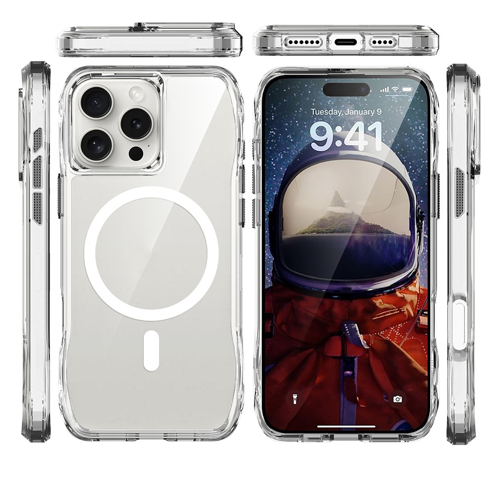 İçinde telefon bulunan şeffaf telefon kılıfı. Telefonda bir astronot görünüyor. Kılıf kamera kesiklerine, düğme kapaklarına ve manyetik bir daireye sahip.