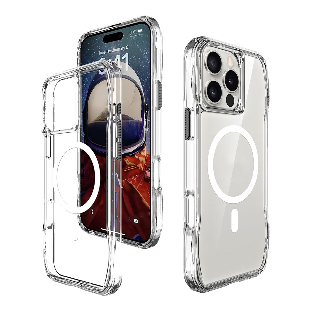 İçinde bir iPhone bulunan üç şeffaf telefon kılıfı. Telefondaki ekranda bir astronot var. Kılıfların manyetik halkaları var.