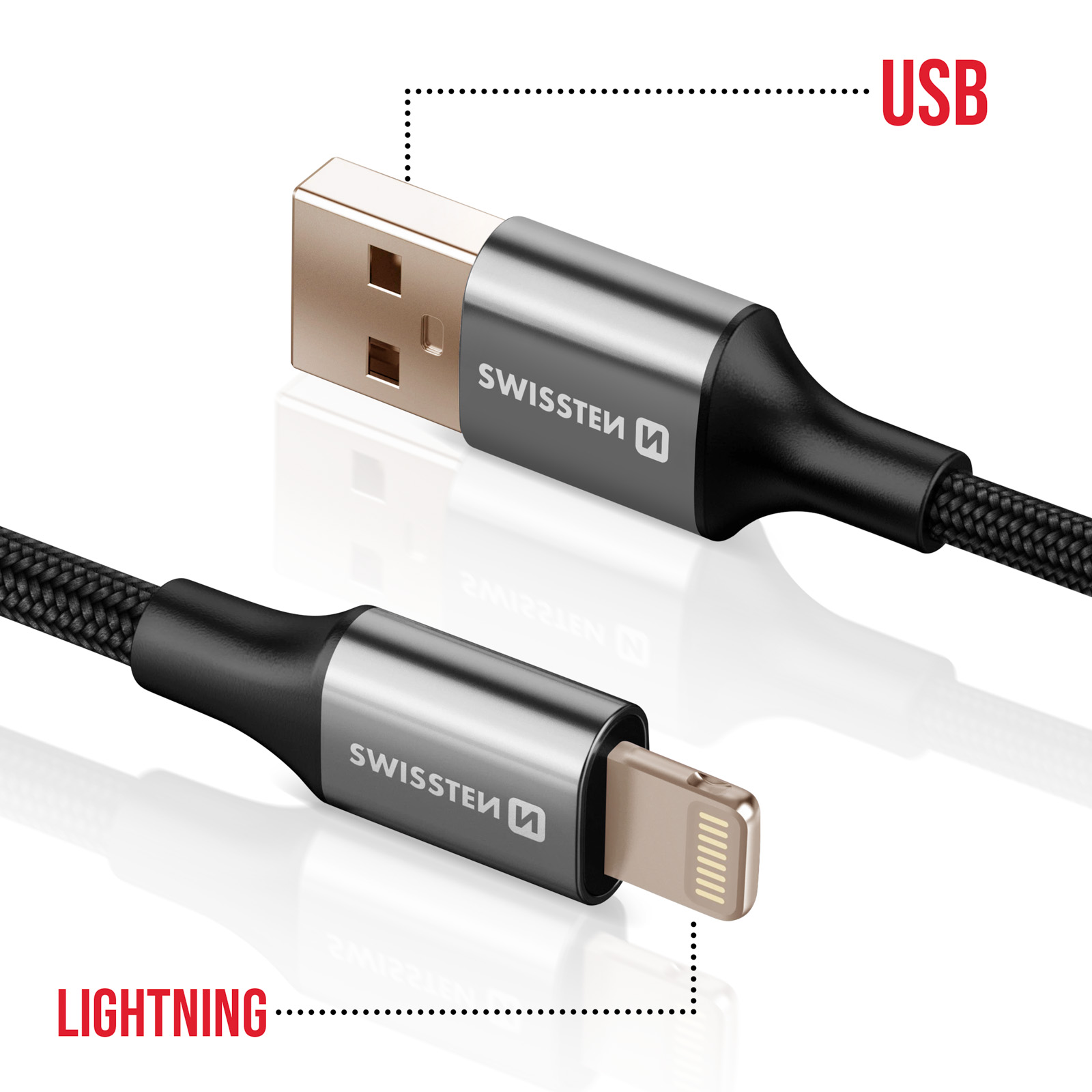 Un cavo da USB a Lightning, etichettato con 'SWISSTEN'. L'estremità USB è dorata, l'estremità Lightning è dorata. Cavo nero.