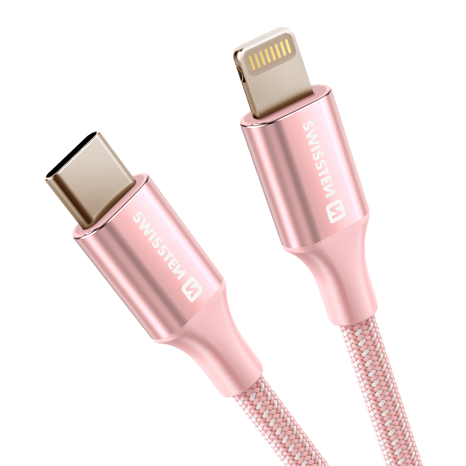 Zwei rosa Ladekabel mit goldfarbenen Steckern auf weißem Hintergrund. Kabel sind mit Swisssten gekennzeichnet.