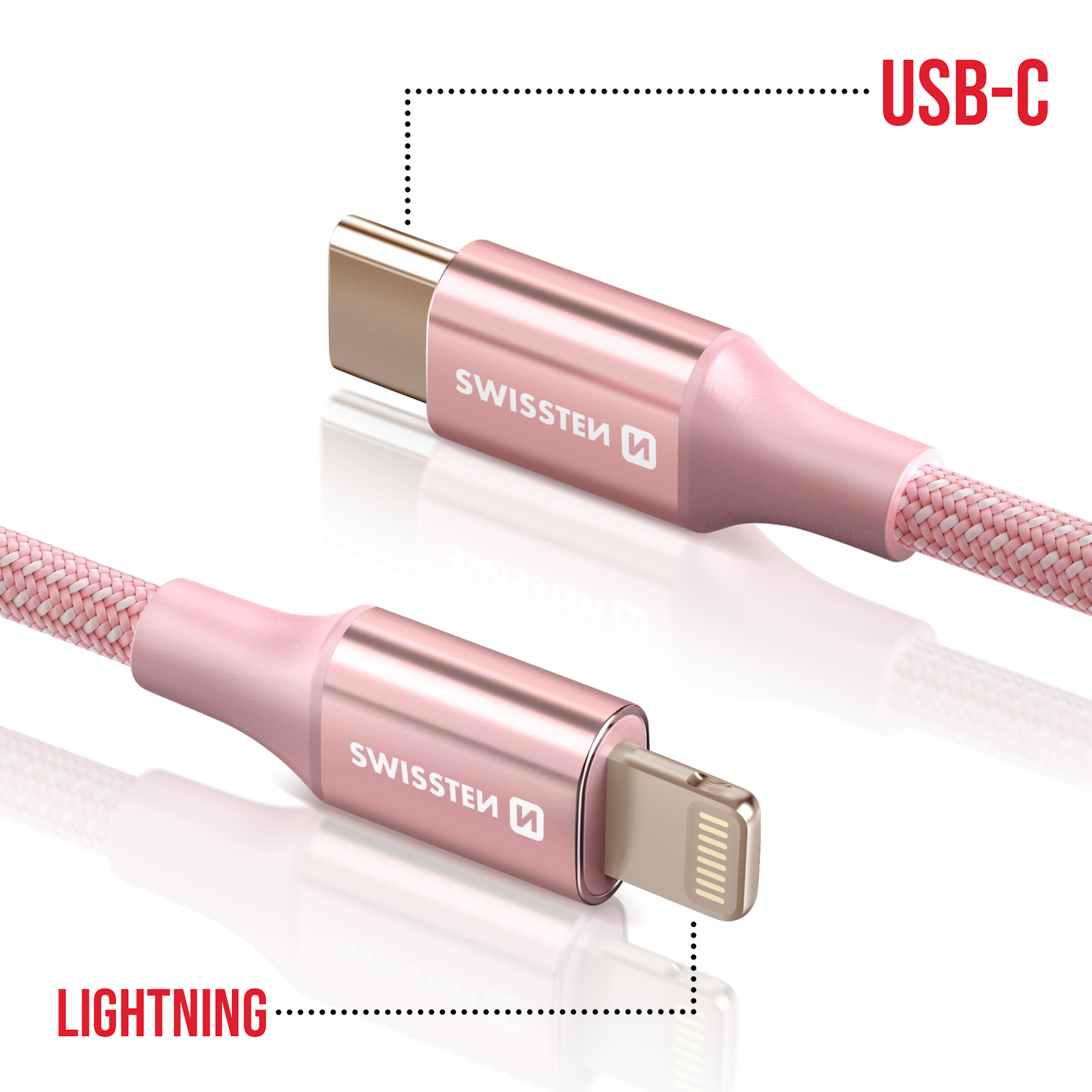 Zwei rosa USB-Kabel, eines USB-C und eines Lightning. Beide haben das 'Swissten'-Logo.