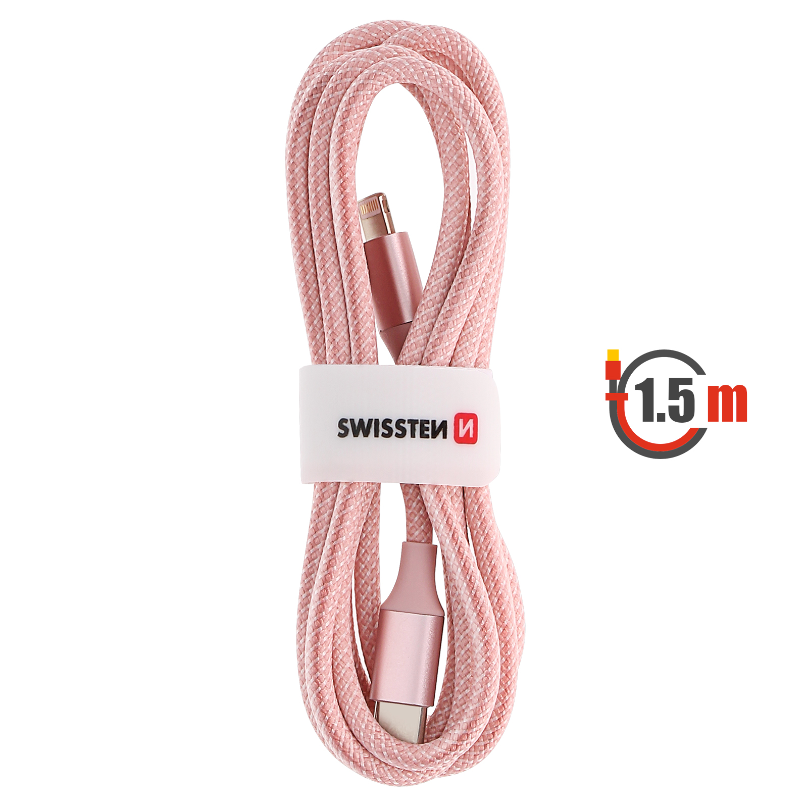 Rosa geflochtenes USB-C-Kabel mit weißem SWISSTEN-Etikett. Rechts eine Längenangabe von 1,5 m.