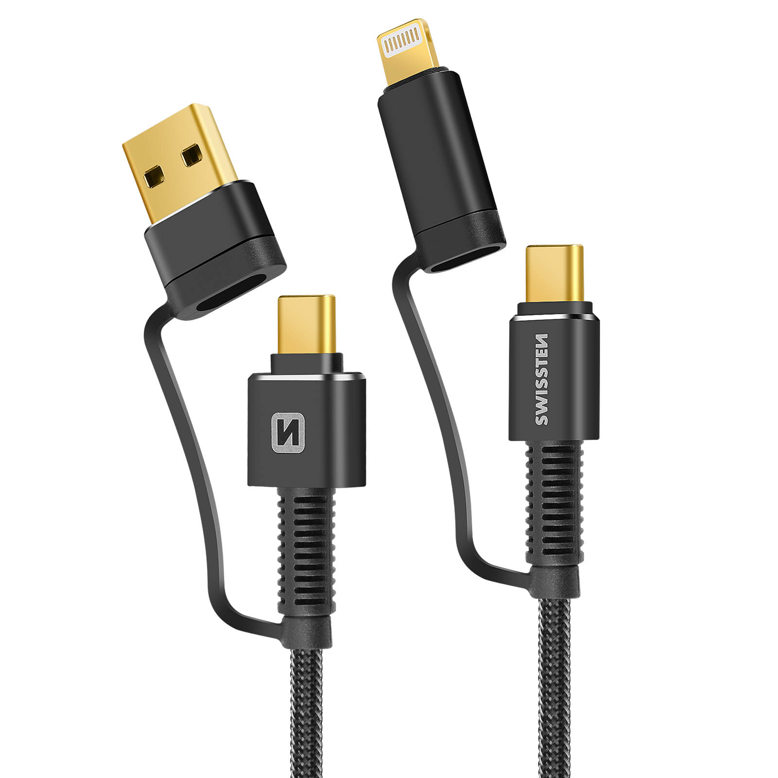 Tre cavi di ricarica neri con diversi connettori: USB, Lightning e USB-C. Connettori dorati e sfondo bianco.