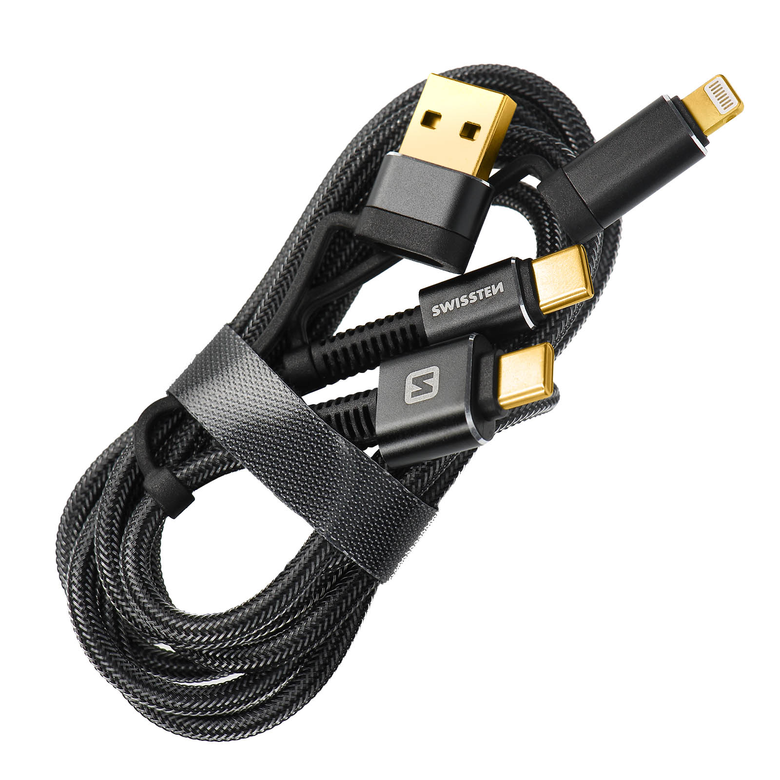 Cavo di ricarica intrecciato nero con connettori USB, Type-C e Lightning, tenuto insieme da un cinturino in velcro.