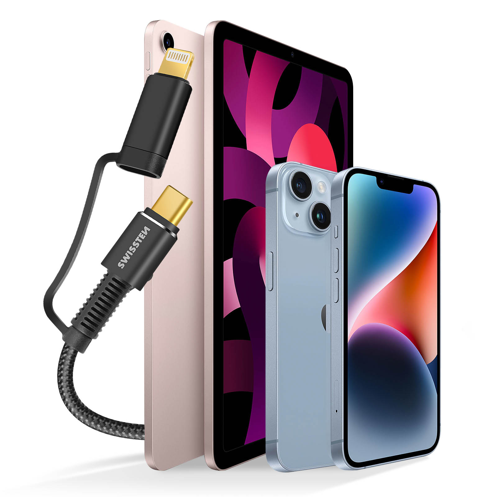L'immagine presenta un iPad, due iPhone e un cavo di ricarica. Dispositivi in diversi colori. Sfondo bianco.