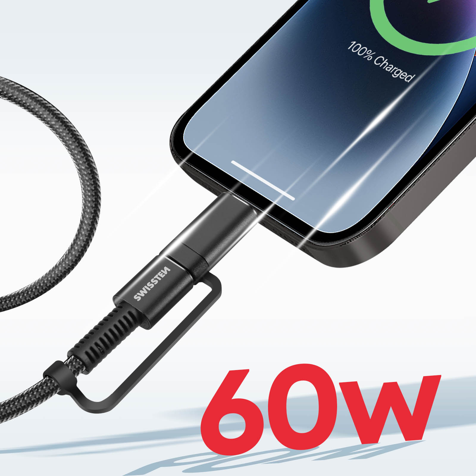 Un telefono nero si sta caricando con un cavo USB-C. Il telefono mostra 100% caricato. Un "60W" rosso è in primo piano.