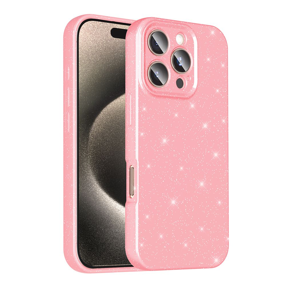 İçinde bir iPhone bulunan pembe, ışıltılı bir telefon kılıfı. Kılıfta üç kamera açıklığı ve ses düğmeleri var.