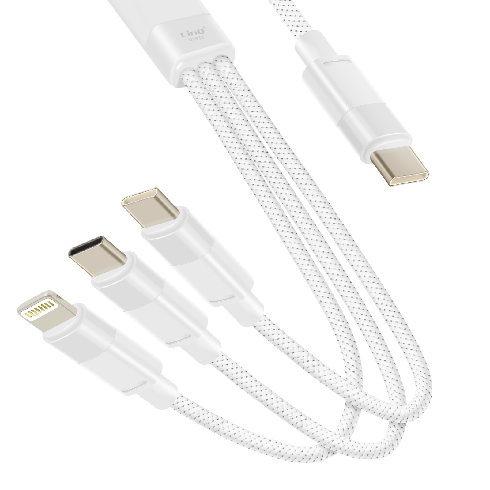 Weißes Multi-Ladekabel mit Lightning-, USB-C- und USB-A-Anschlüssen. Geflochtenes Kabeldesign. Isoliert auf weißem Hintergrund.