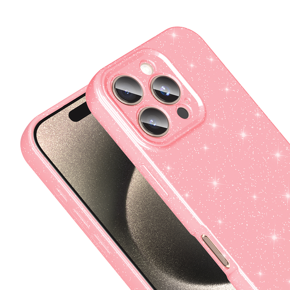 İçinde telefon olan pembe ışıltılı telefon kılıfı. Kılıfın kamera lensleri ve bir düğmesi var.