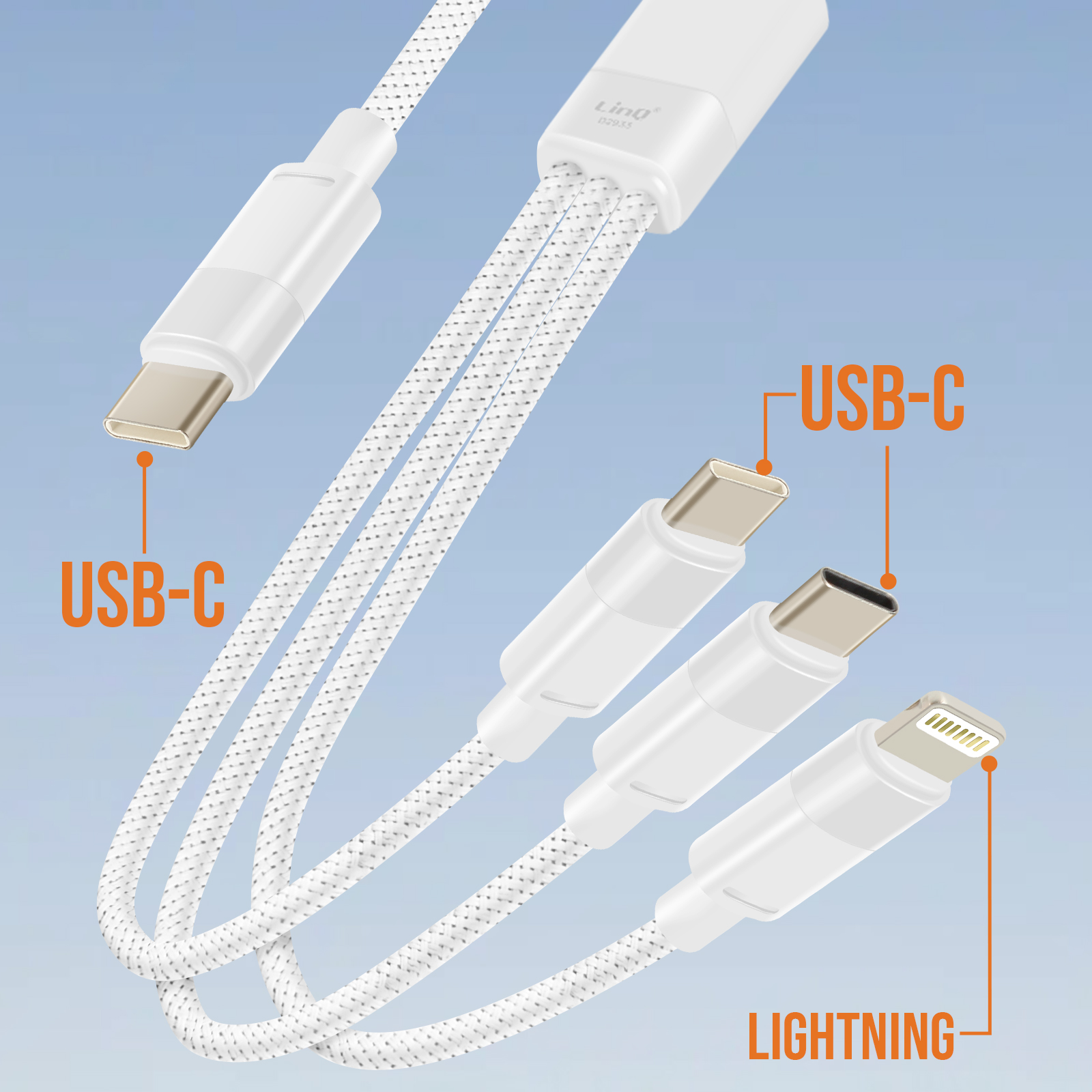 Weißes USB-Ladekabel mit drei Anschlüssen: USB-C und Lightning. Der Hintergrund ist ein Farbverlauf von Blau.