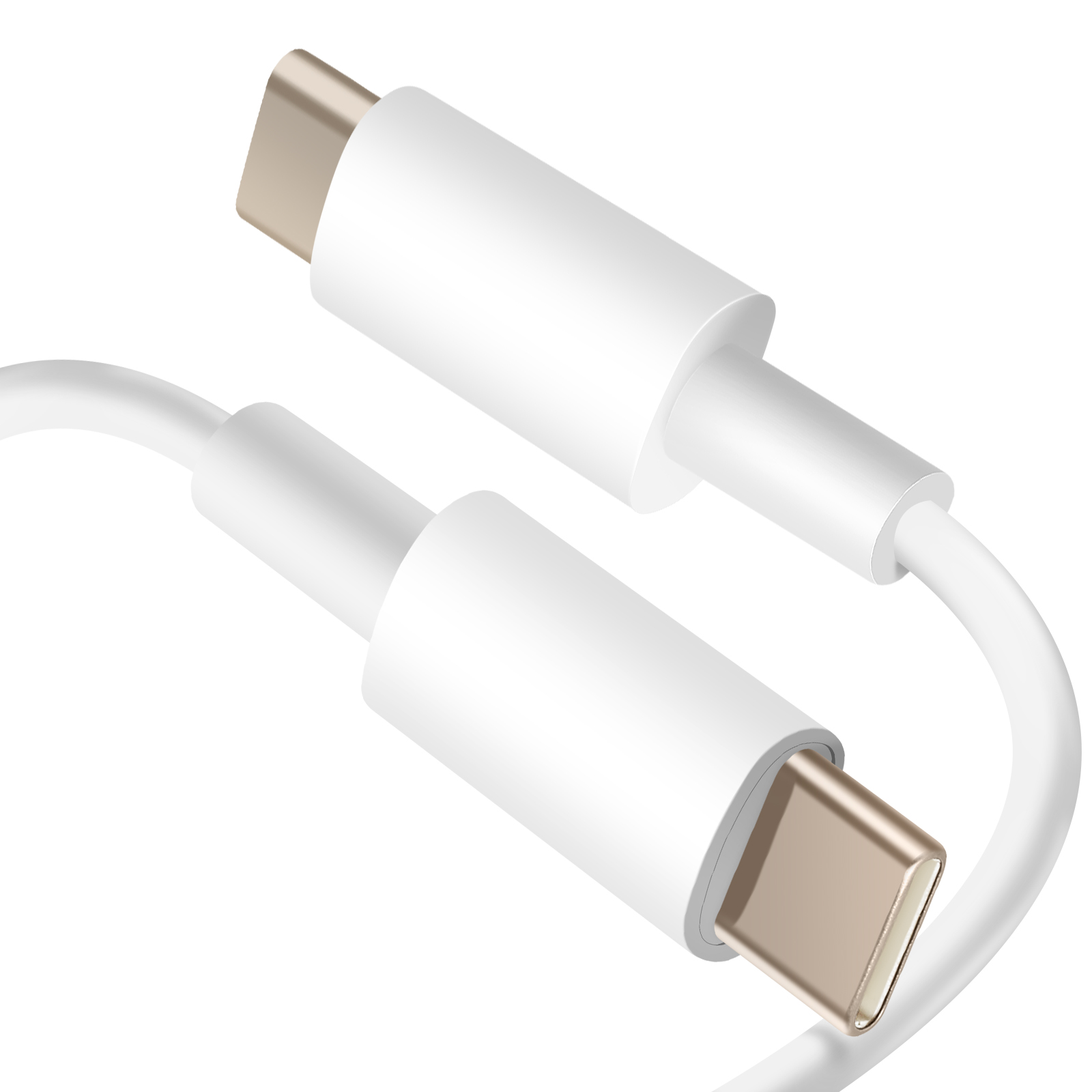 Un cavo USB-C bianco con connettori dorati. Il cavo si curva su sfondo bianco, mostrando i connettori.