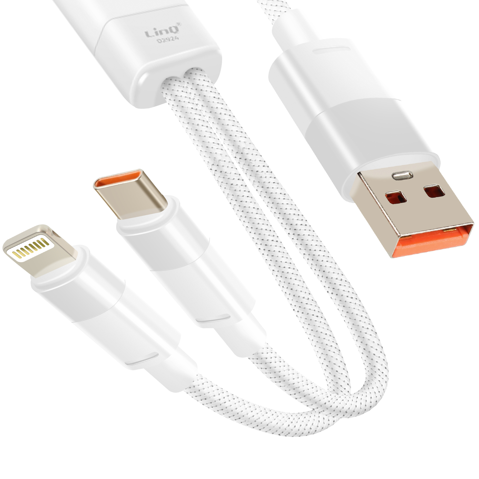 Weißes Ladekabel mit drei Anschlüssen: USB, USB-C und Lightning. Das Kabel hat eine strukturierte weiße Oberfläche.