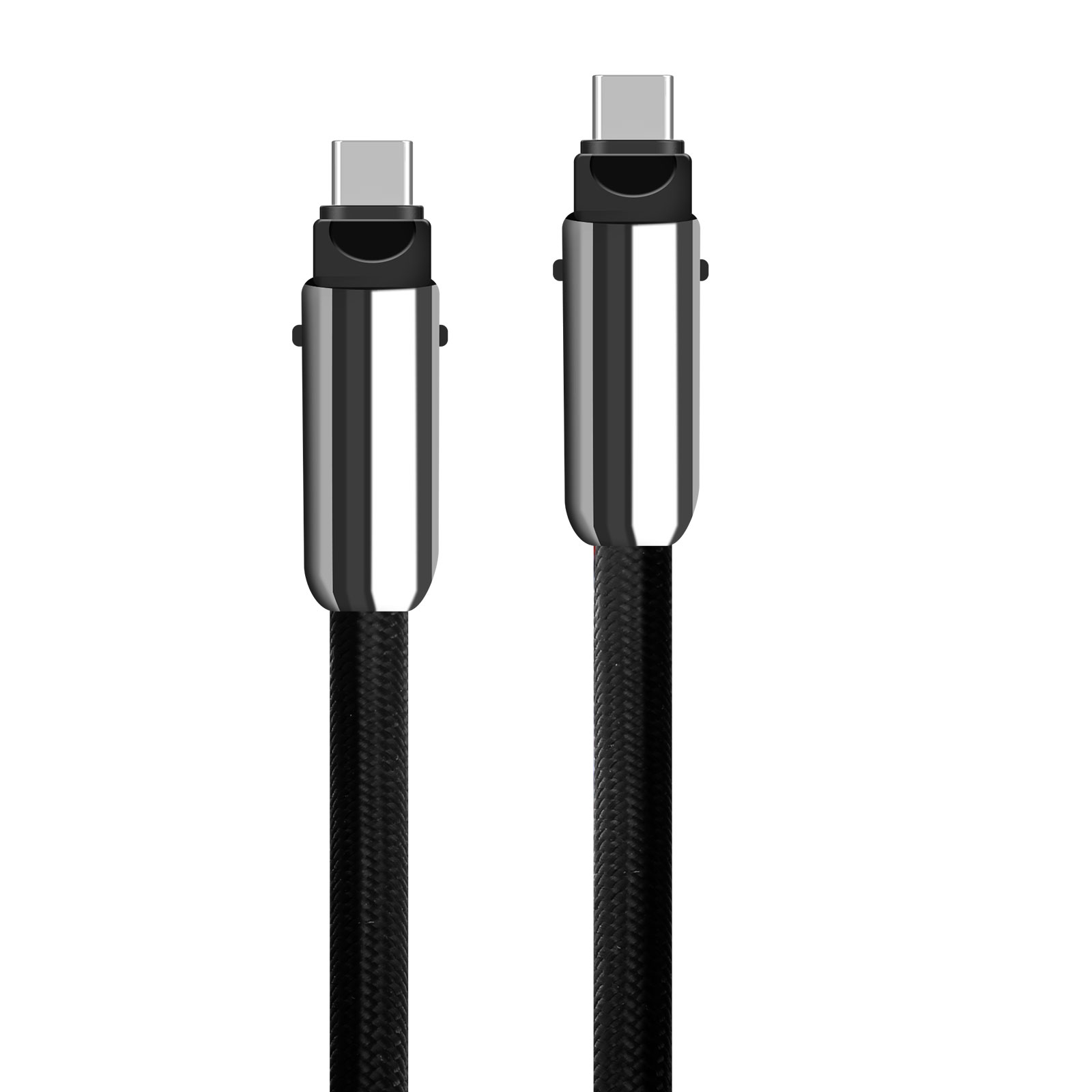 Due cavi USB-C con connettori argentati e cavi intrecciati neri su sfondo bianco.