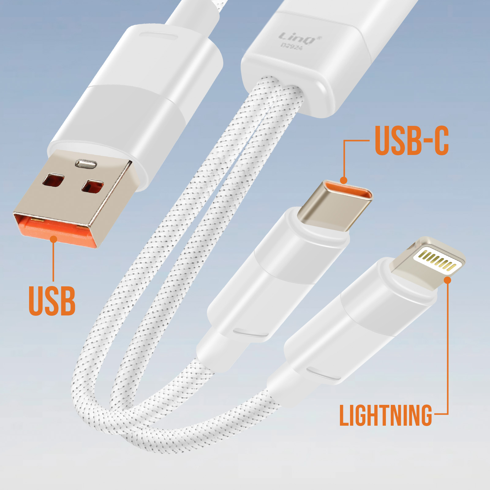 Weißes Ladekabel mit USB-, USB-C- und Lightning-Anschlüssen, beschriftet. Weißes Kabel mit blauem Hintergrund.