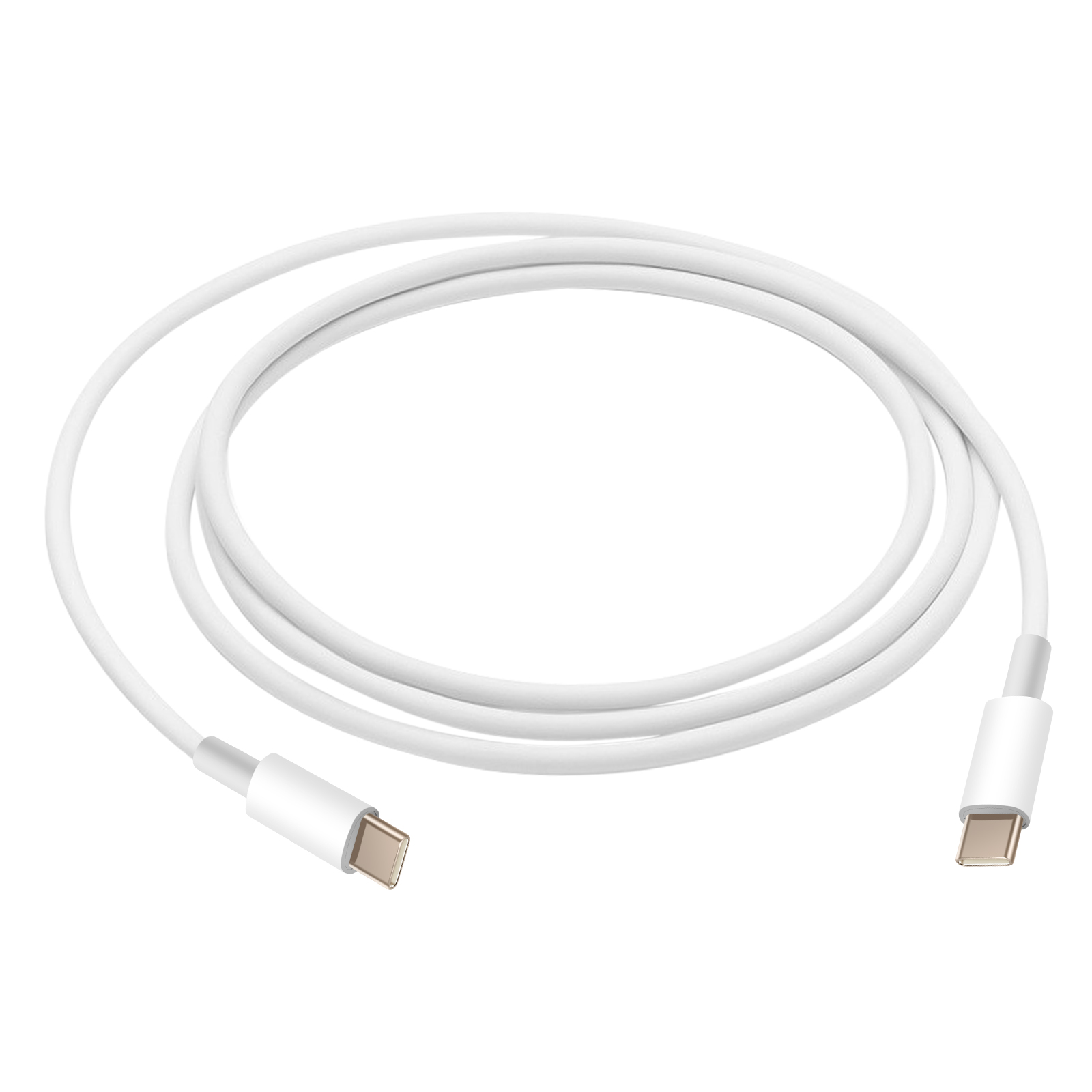 Un cavo USB-C bianco arrotolato su sfondo bianco. I connettori sono bianchi con contatti dorati.