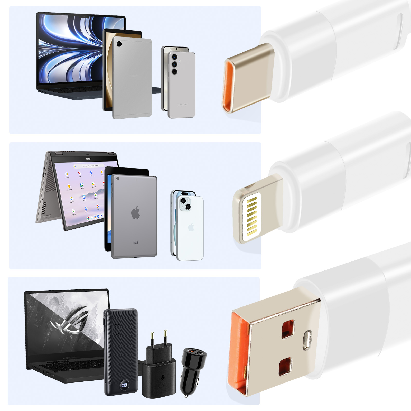 Das Bild zeigt Laptops, Tablets, Telefone und Ladekabel. Geräte sind in Silber, Schwarz und Weiß. Kabel haben verschiedene Anschlüsse.