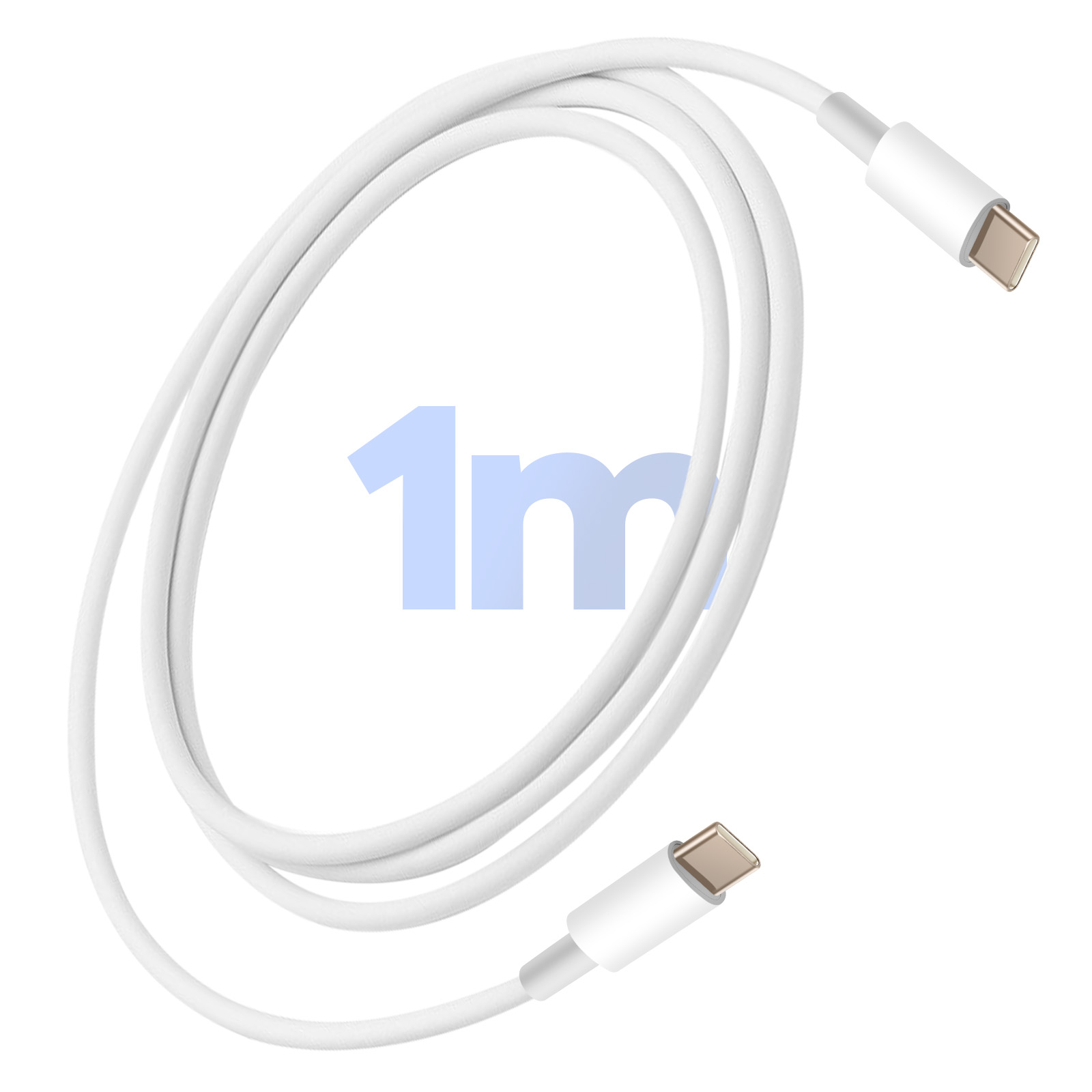 Un cavo USB-C bianco con connettori ad ogni estremità, arrotolato, con una sovrapposizione blu di '1m'.