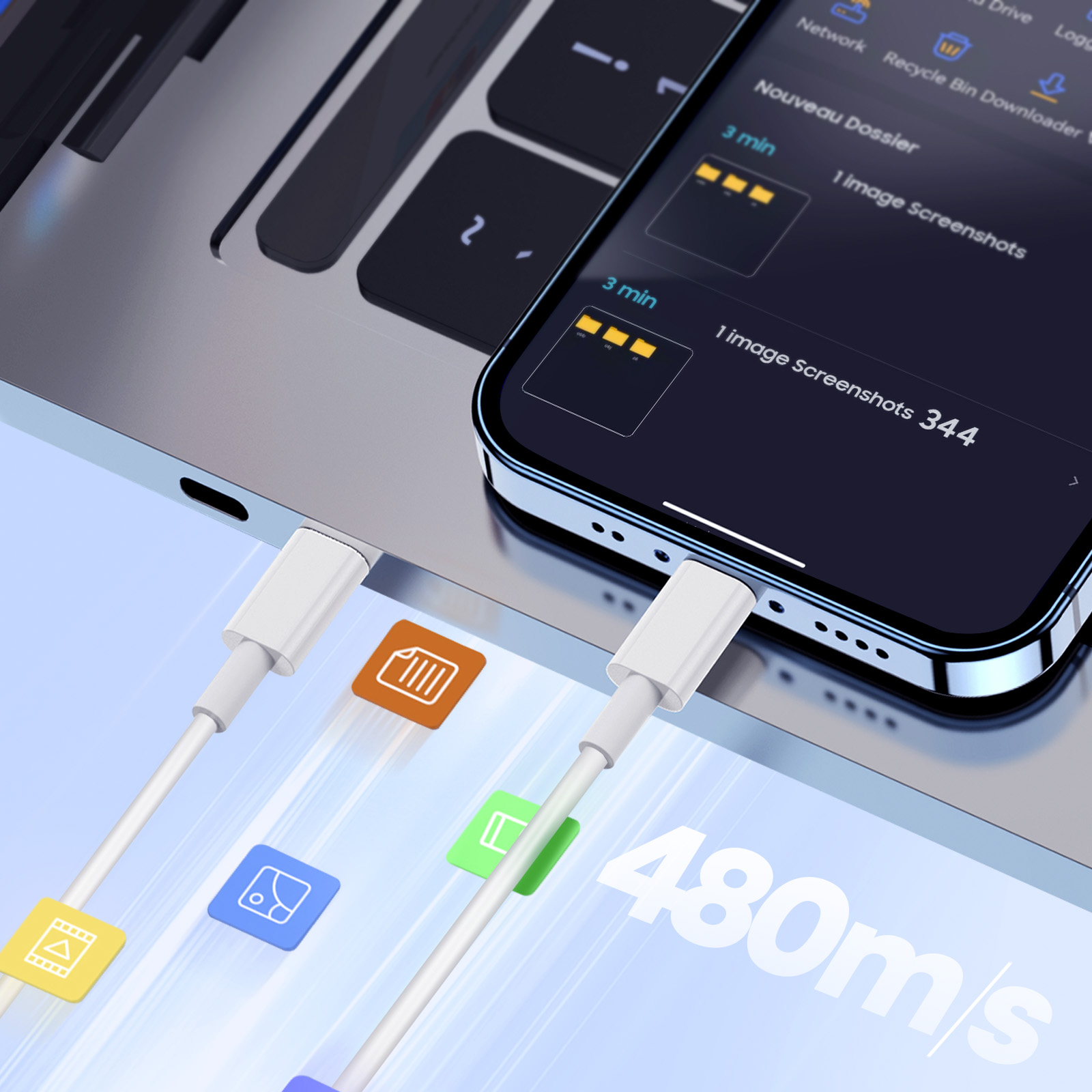 Un telefono è collegato a un laptop tramite un cavo bianco. Icone e informazioni sull'app sono visibili sullo schermo del telefono.