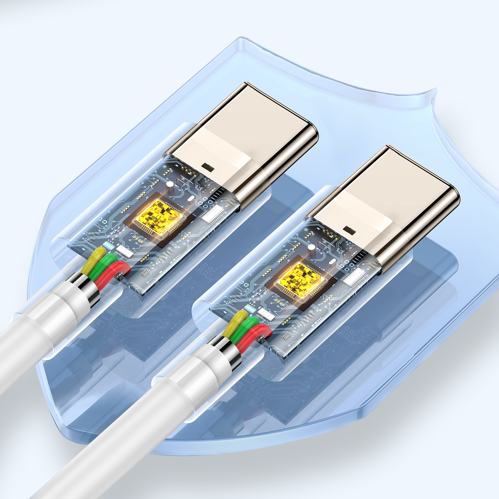 Due cavi USB-C con circuiti interni visibili, fili rossi, verdi e gialli, posti su uno sfondo blu a forma di scudo.