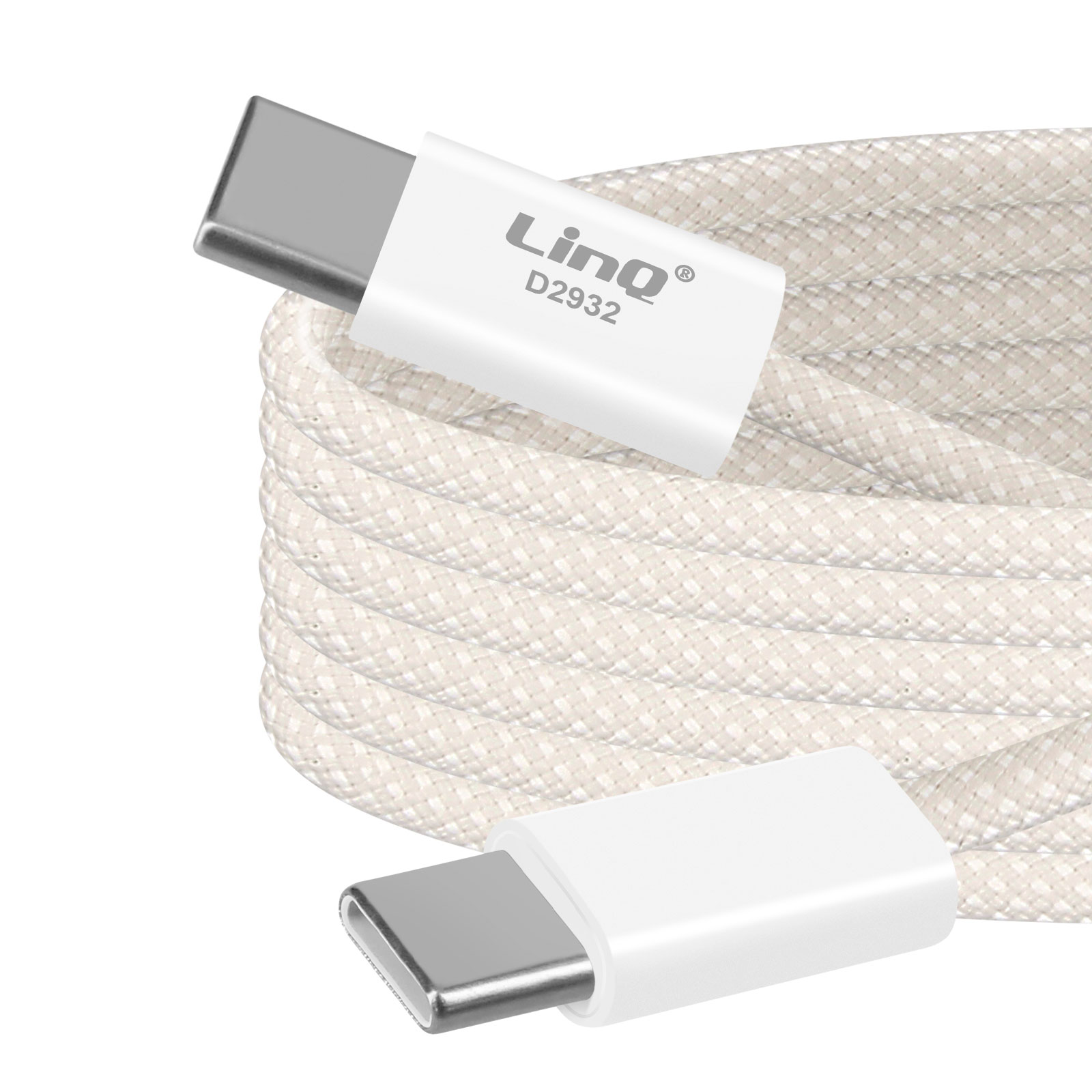 Un cavo USB-C bianco con un cavo beige intrecciato. Il cavo ha un connettore bianco con il logo Linq.
