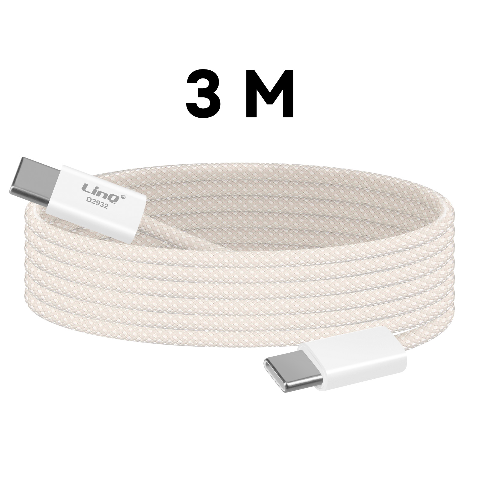Un cavo USB-C bianco, arrotolato, con testo '3 M' sopra. Il cavo ha connettori ad entrambe le estremità.