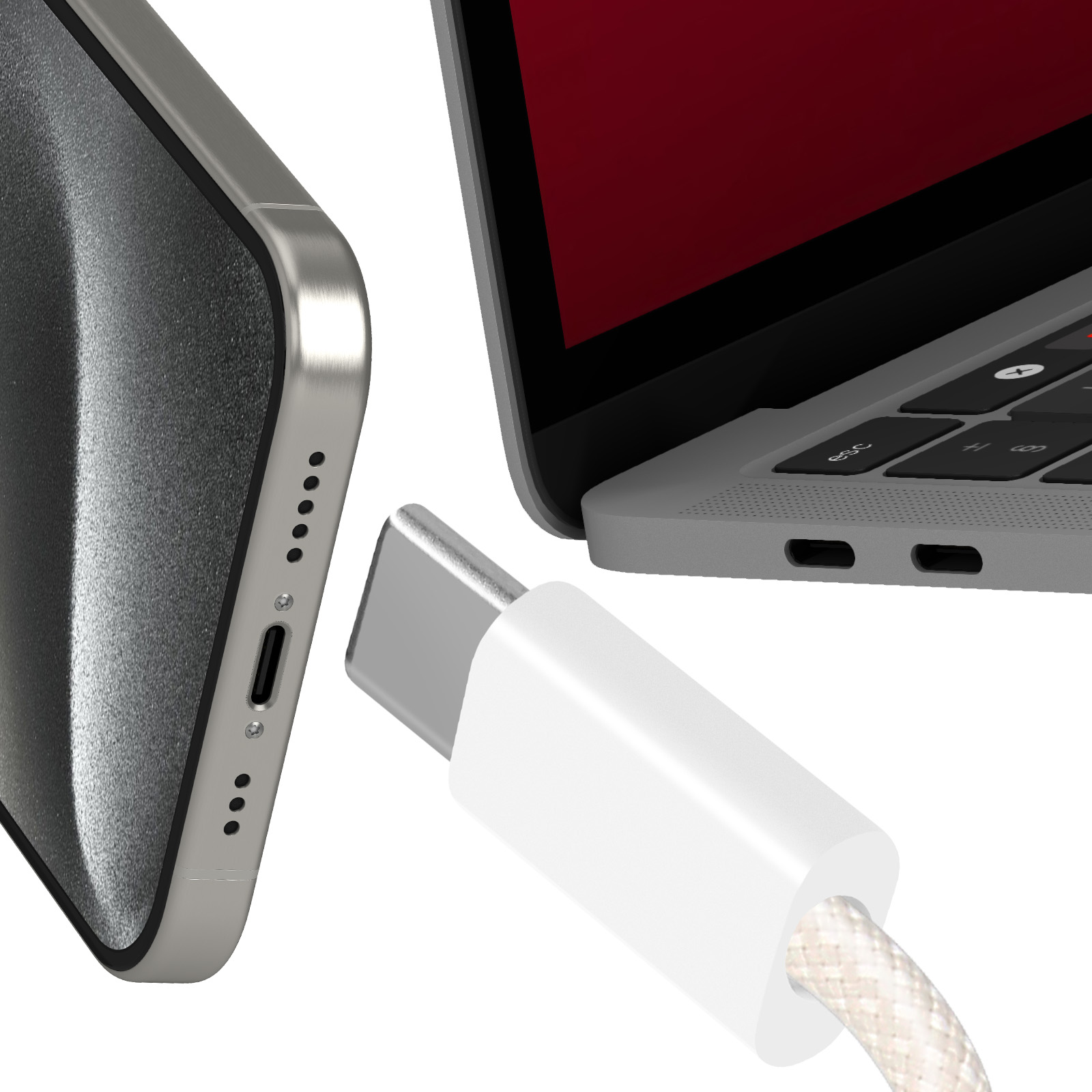 Un telefono, un laptop e un cavo di ricarica. Il telefono ha delle porte, il laptop ha uno schermo rosso, il cavo è bianco.