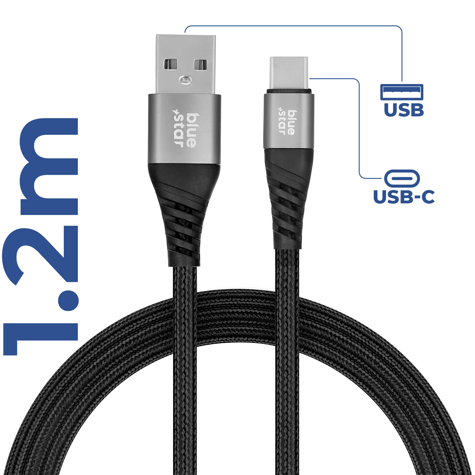 Cavo da USB a USB-C. Cavo intrecciato nero, connettori argentati e logo stella blu. Lunghezza 1,2 m segnata a sinistra.