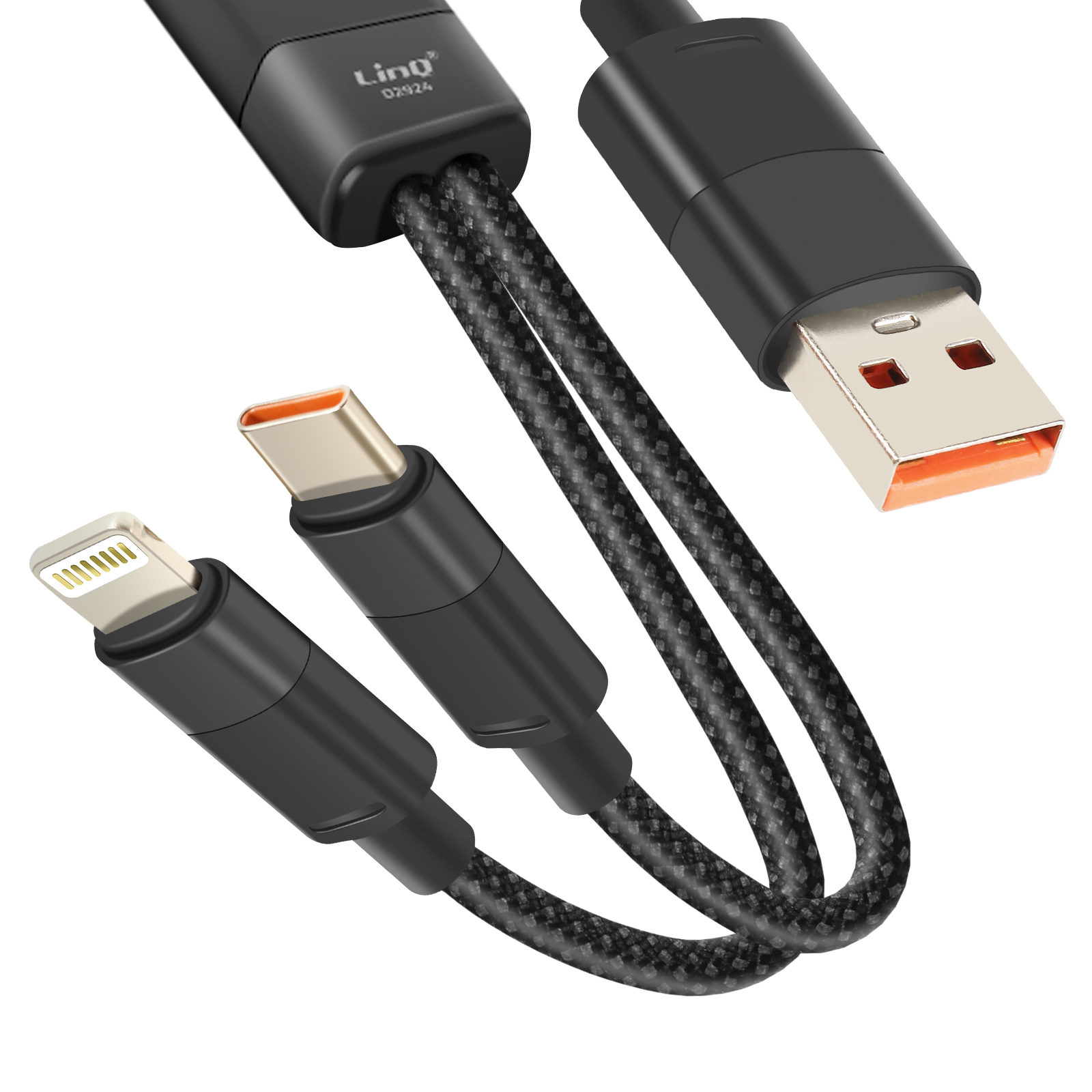 Schwarzes Ladekabel mit drei Anschlüssen: USB, USB-C und Lightning. Anschlüsse haben silberne und orange Akzente.