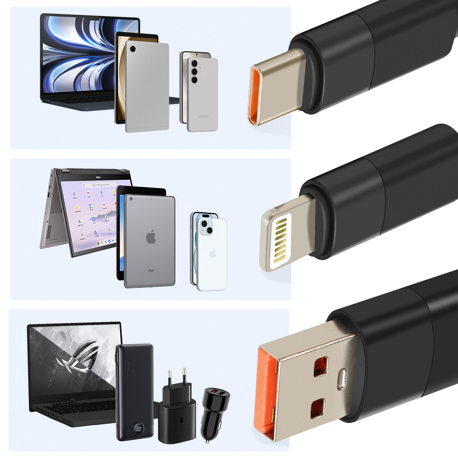 Das Bild zeigt technische Geräte: Laptop, Tablets, Smartphones und Ladekabel mit verschiedenen Anschlüssen.