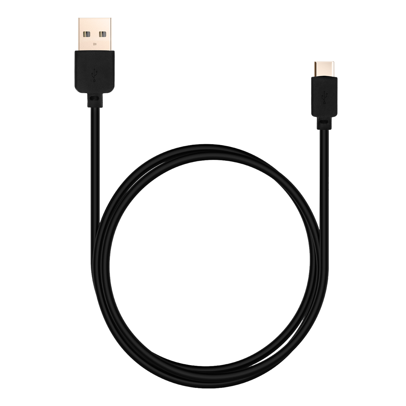 Un cavo USB nero su sfondo bianco. Ha un connettore USB-A e un connettore USB-C.