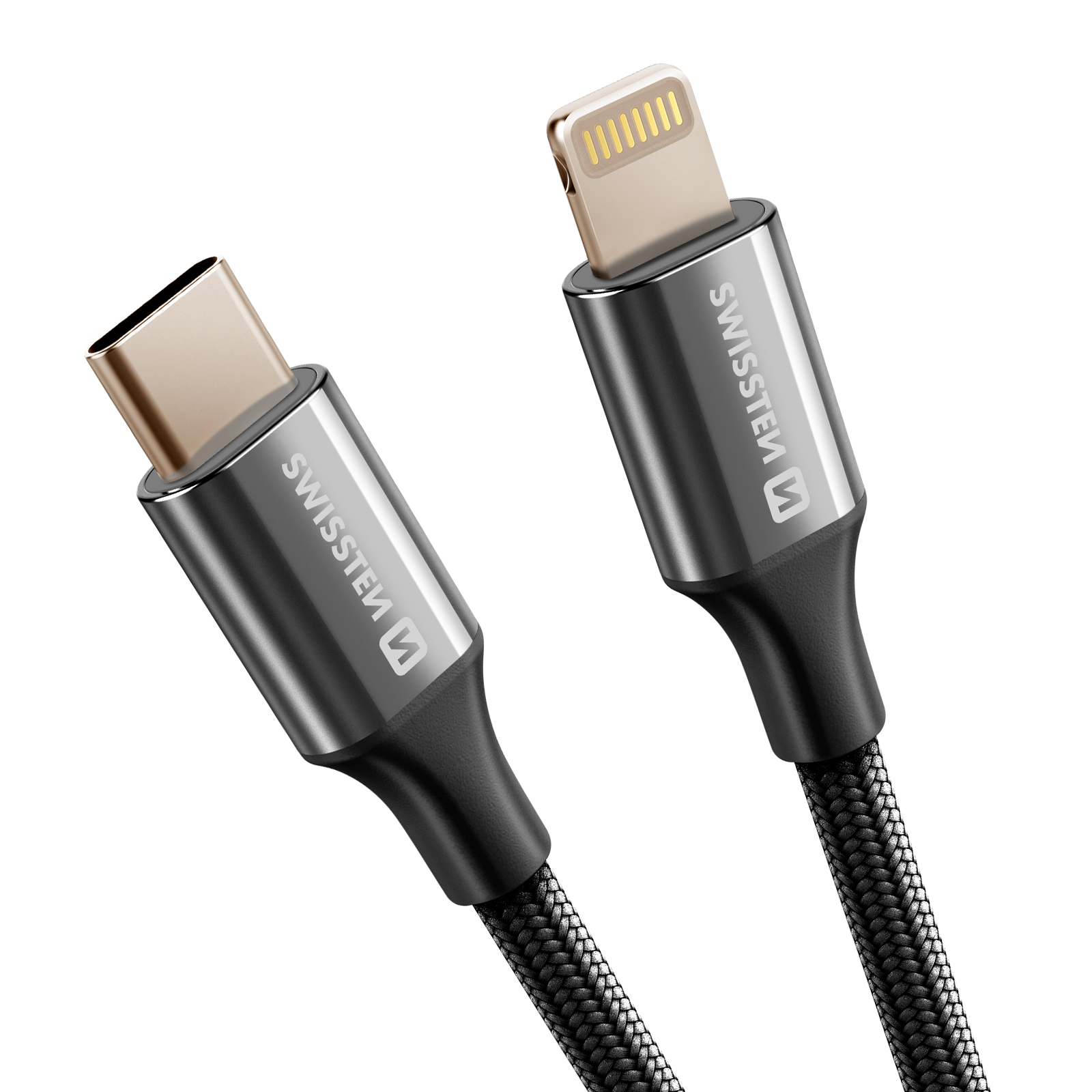Due cavi di ricarica. Uno USB-C, uno Lightning. Entrambi hanno connettori argentati con cavi intrecciati neri. Sfondo bianco.