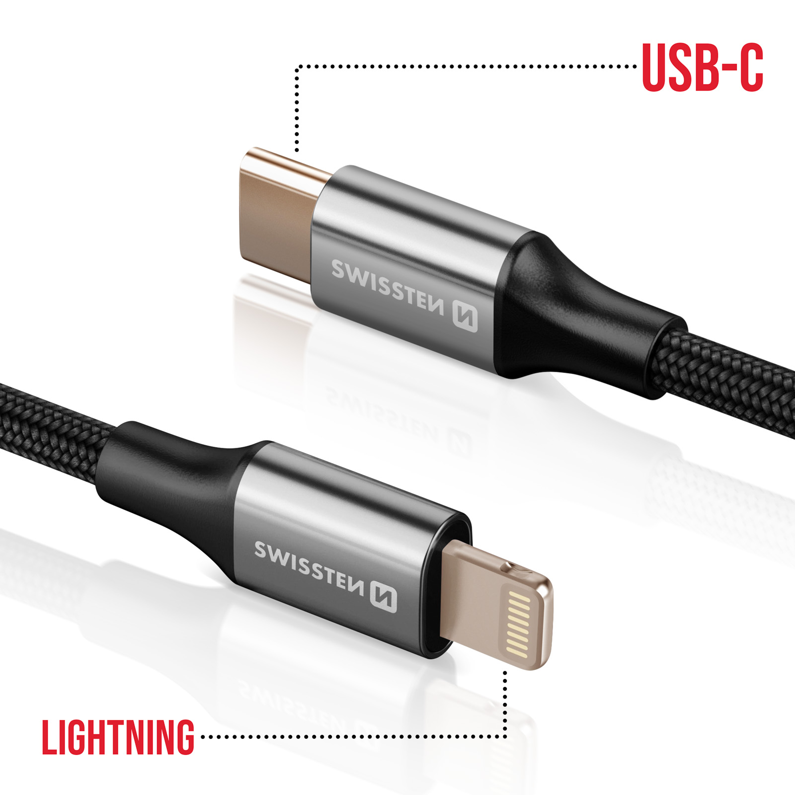Due cavi di ricarica con connettori diversi: USB-C e Lightning. I cavi sono neri con connettori argentati, marchio Swisssten.