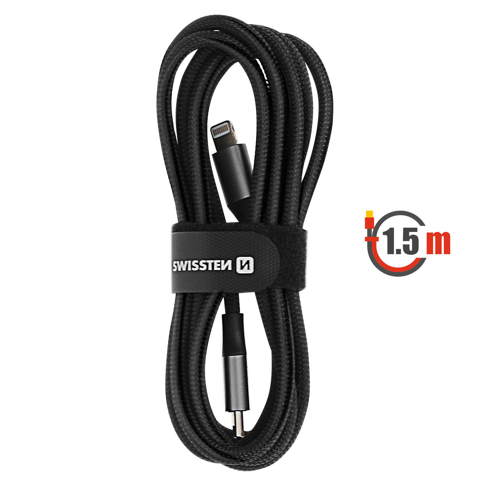 Cavo di ricarica intrecciato nero, lungo 1,5 m, con connettori USB e Lightning, tenuto da una fascia nera, marchio SWISSTEN.
