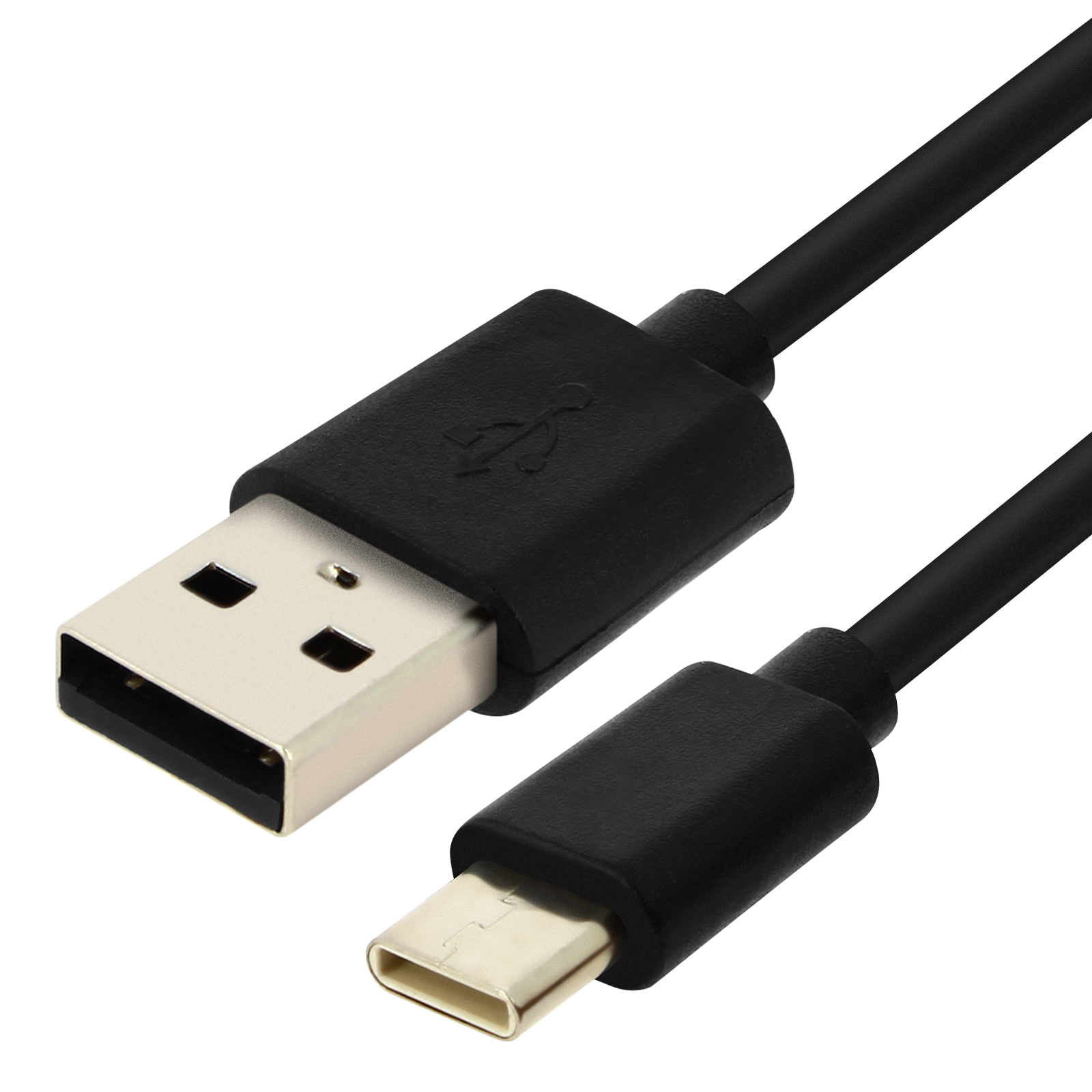 Un cavo USB nero con connettori USB-A e USB-C su sfondo bianco. Il cavo è angolato.