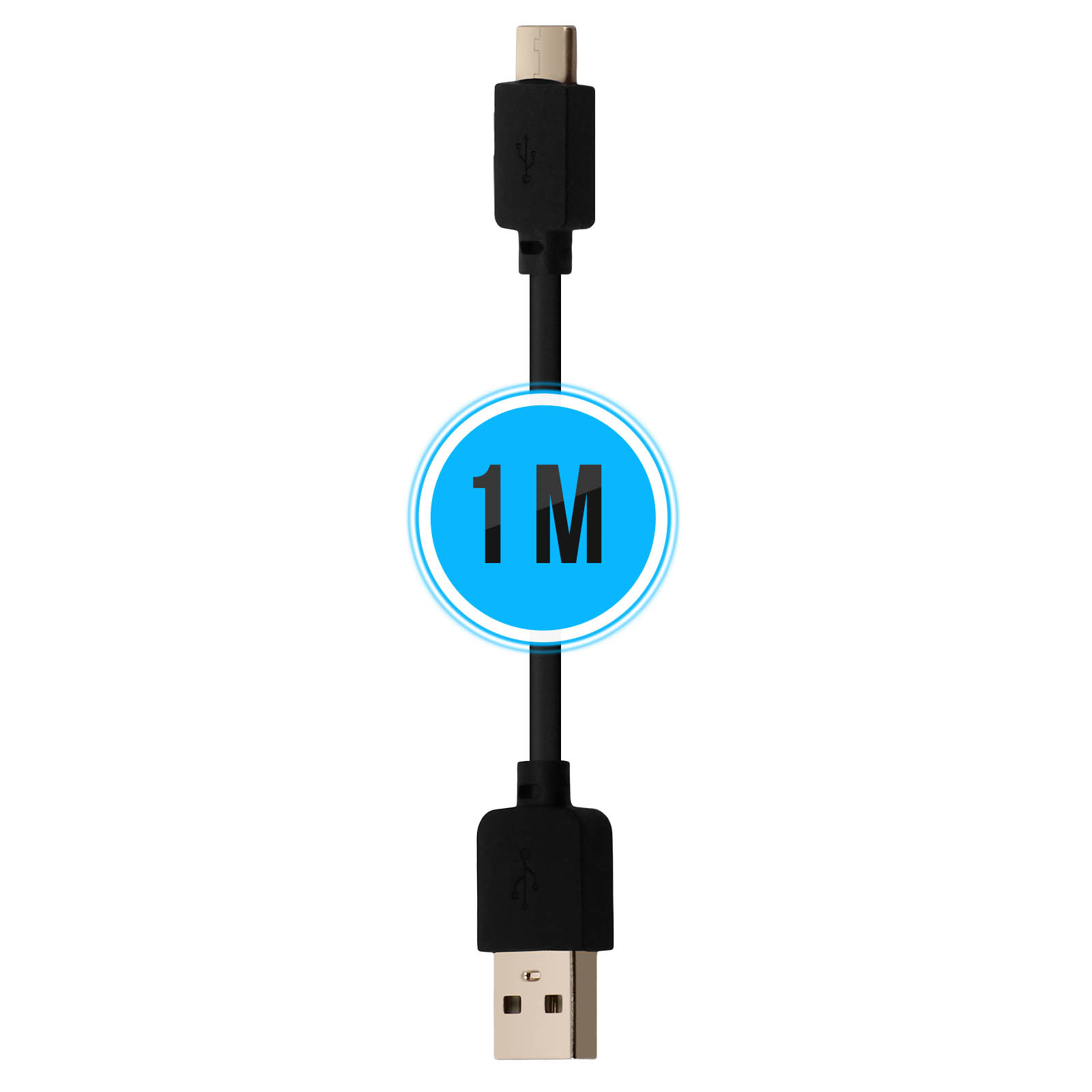 Un cavo USB nero con etichetta 1M al centro. Ha un connettore USB-C e USB-A.