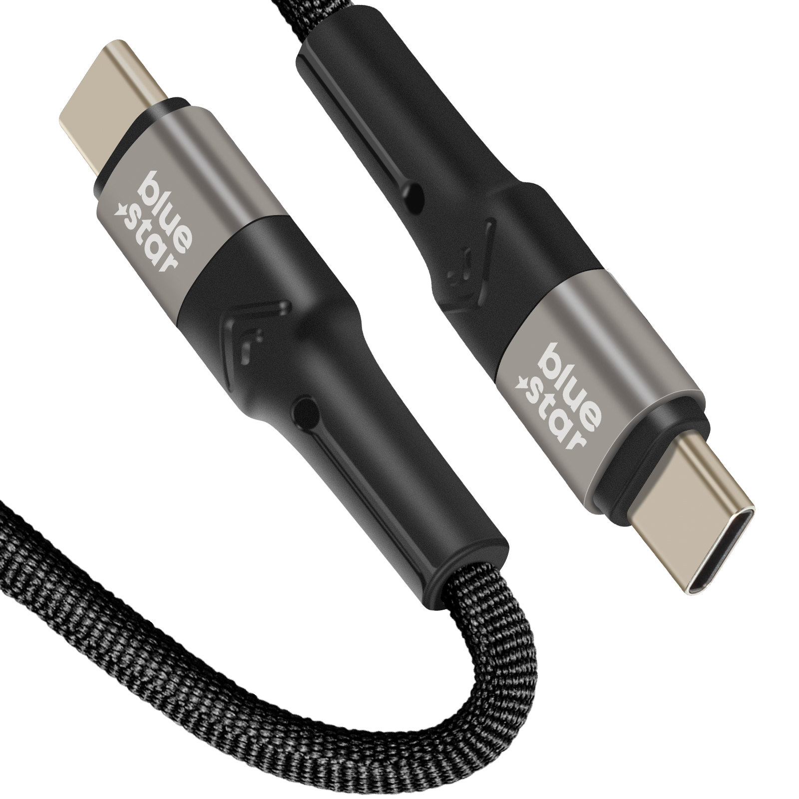 Due cavi USB-C neri e argentati. Uno ha il logo 'blue star'. I cavi hanno una trama intrecciata.