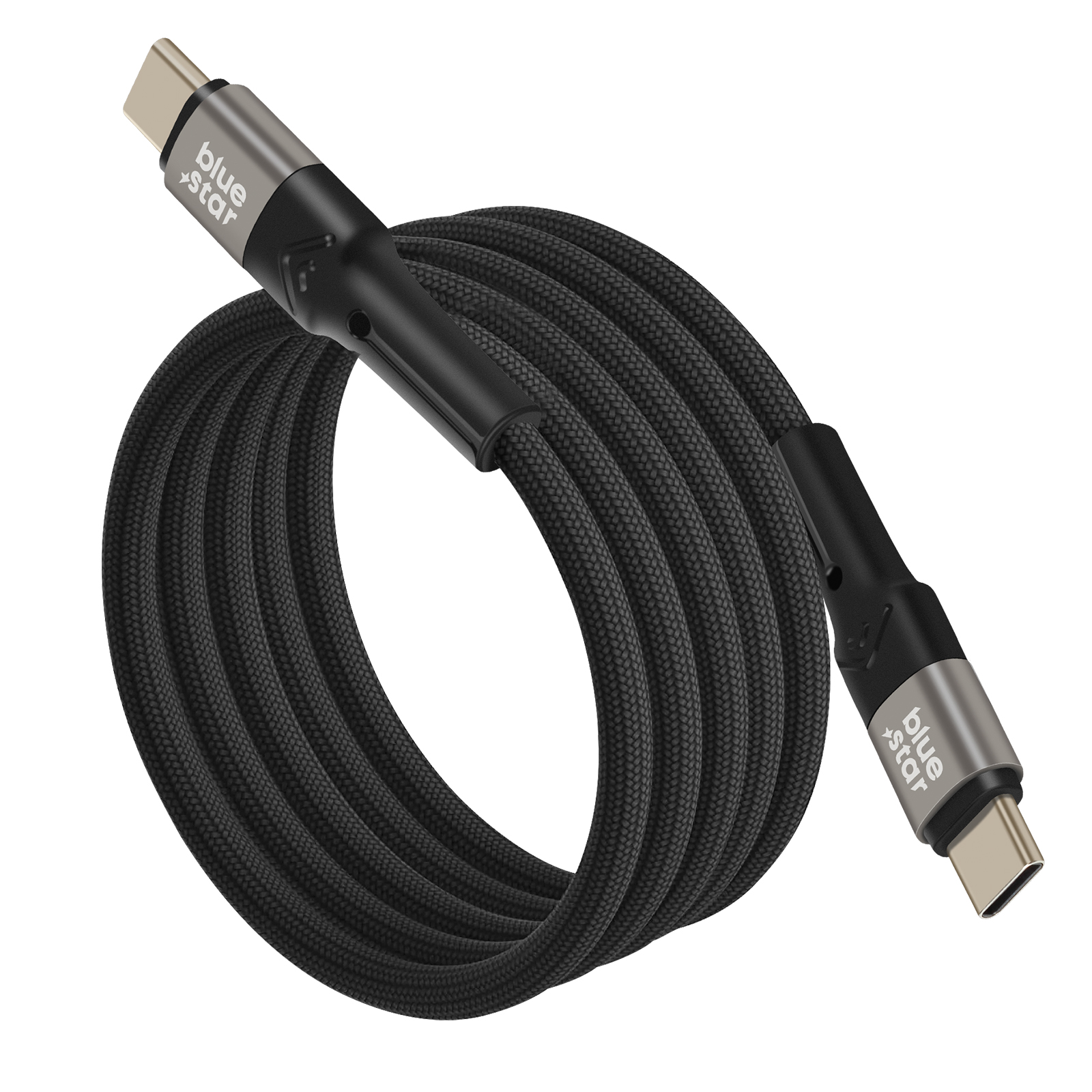 Un cavo USB-C nero con trama intrecciata. I connettori sono argentati e neri, con marchio 'blue star'.