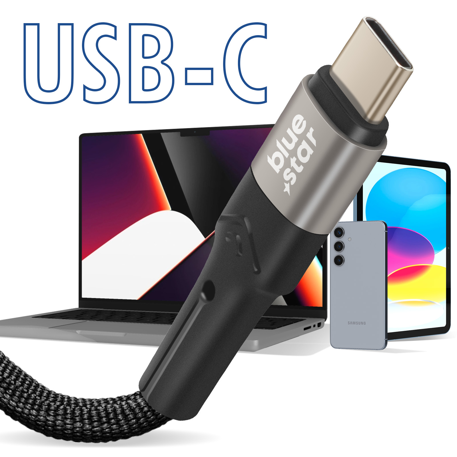 Cavo USB-C con laptop, tablet e telefono. Il cavo è nero con connettore argentato. Dispositivi sullo sfondo.